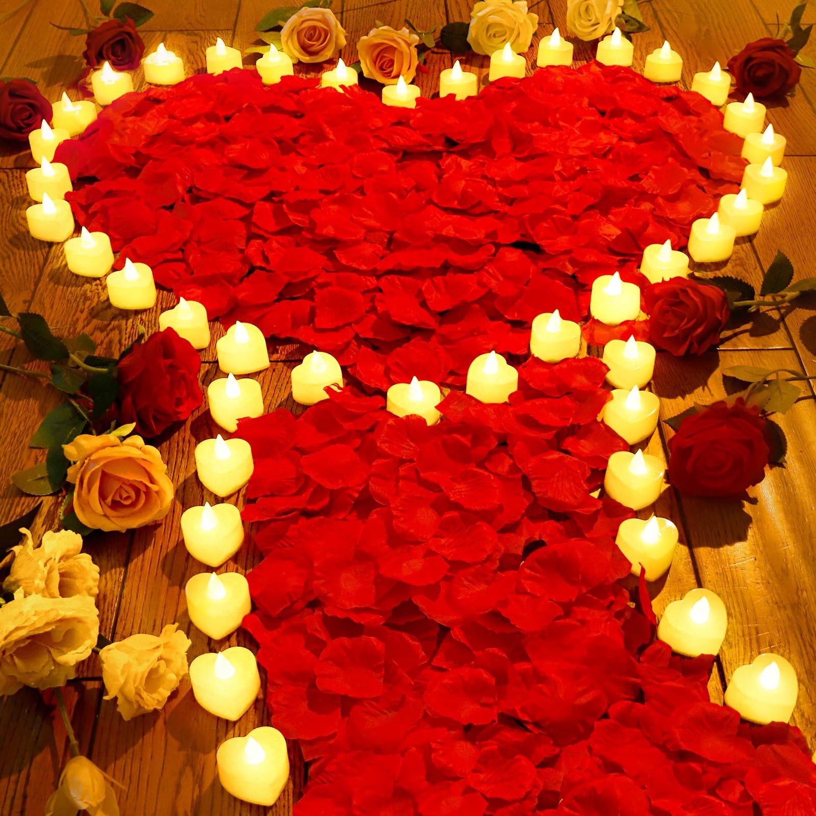 7000 Pieces Artificial Rose Petals with 72 Pieces Romantic Heart Led Tealight…