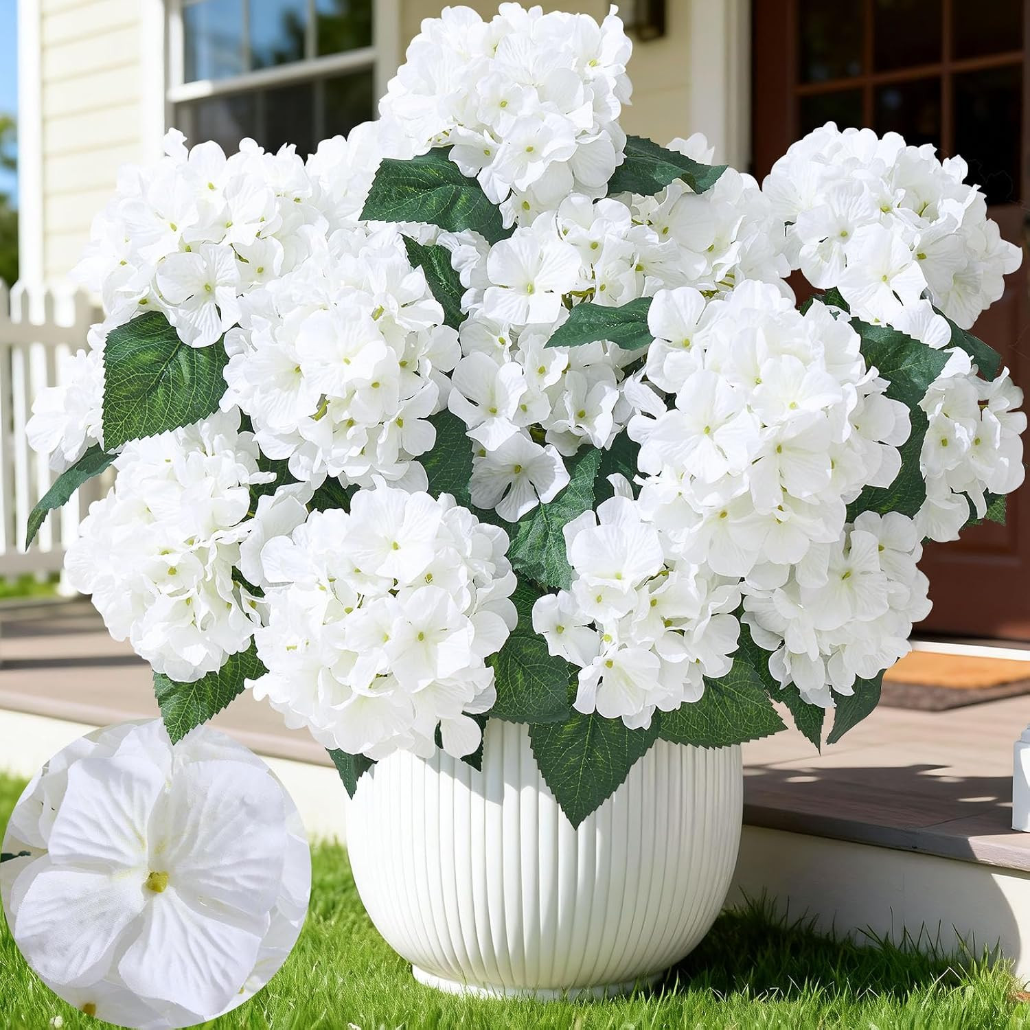 UV Resistant Faux Hydrangea Flowers – 12 Heads for Outdoor Decor (White)