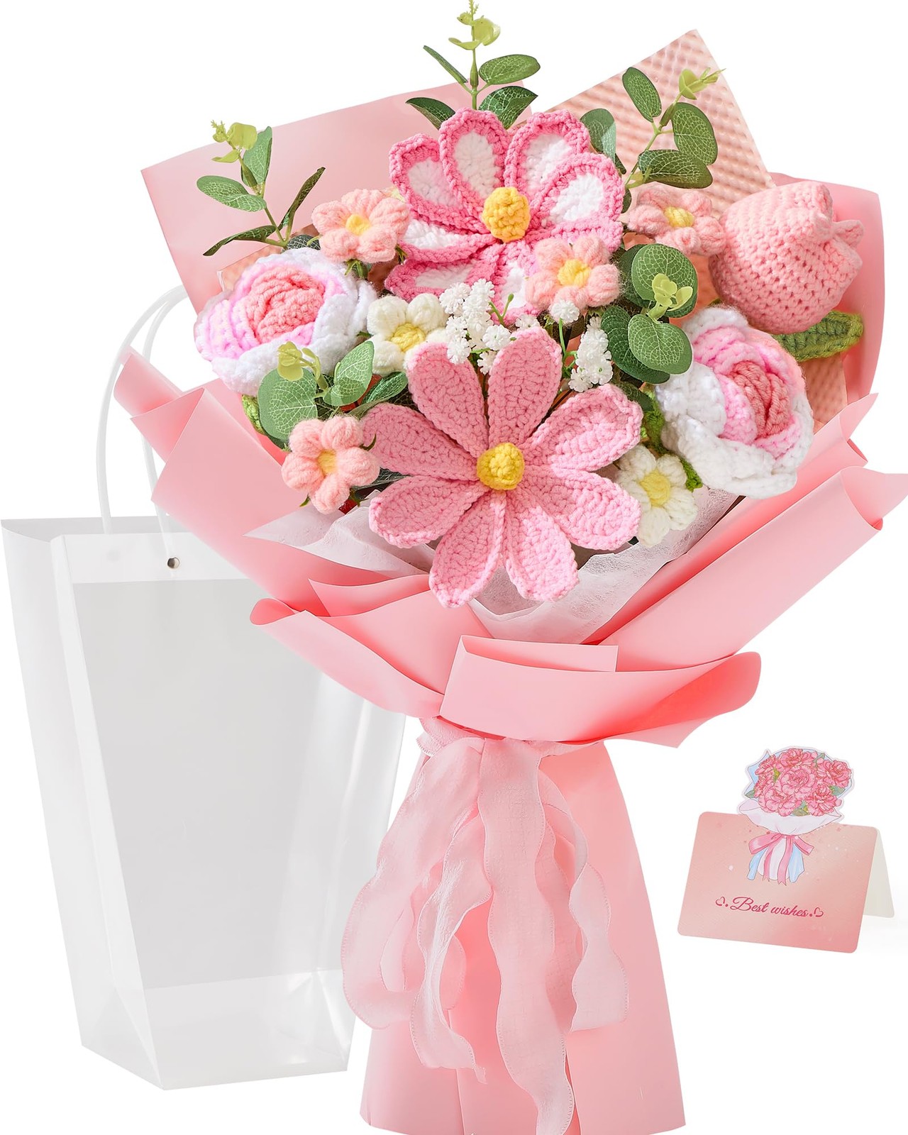 Alecono Crochet Flower Bouquet, Pink Handmade Knitted Flowers, Crochet Tulips…