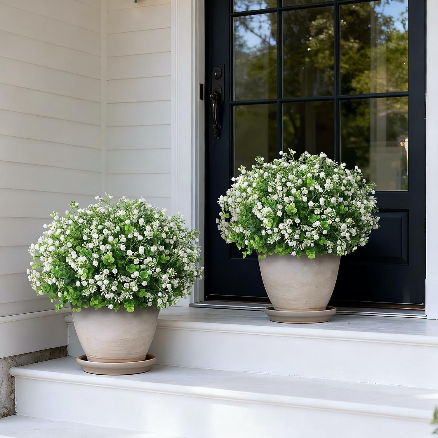 Eucalyptus & Baby’s Breath Topiary Ball Trees – 2 Potted Faux Plants Set