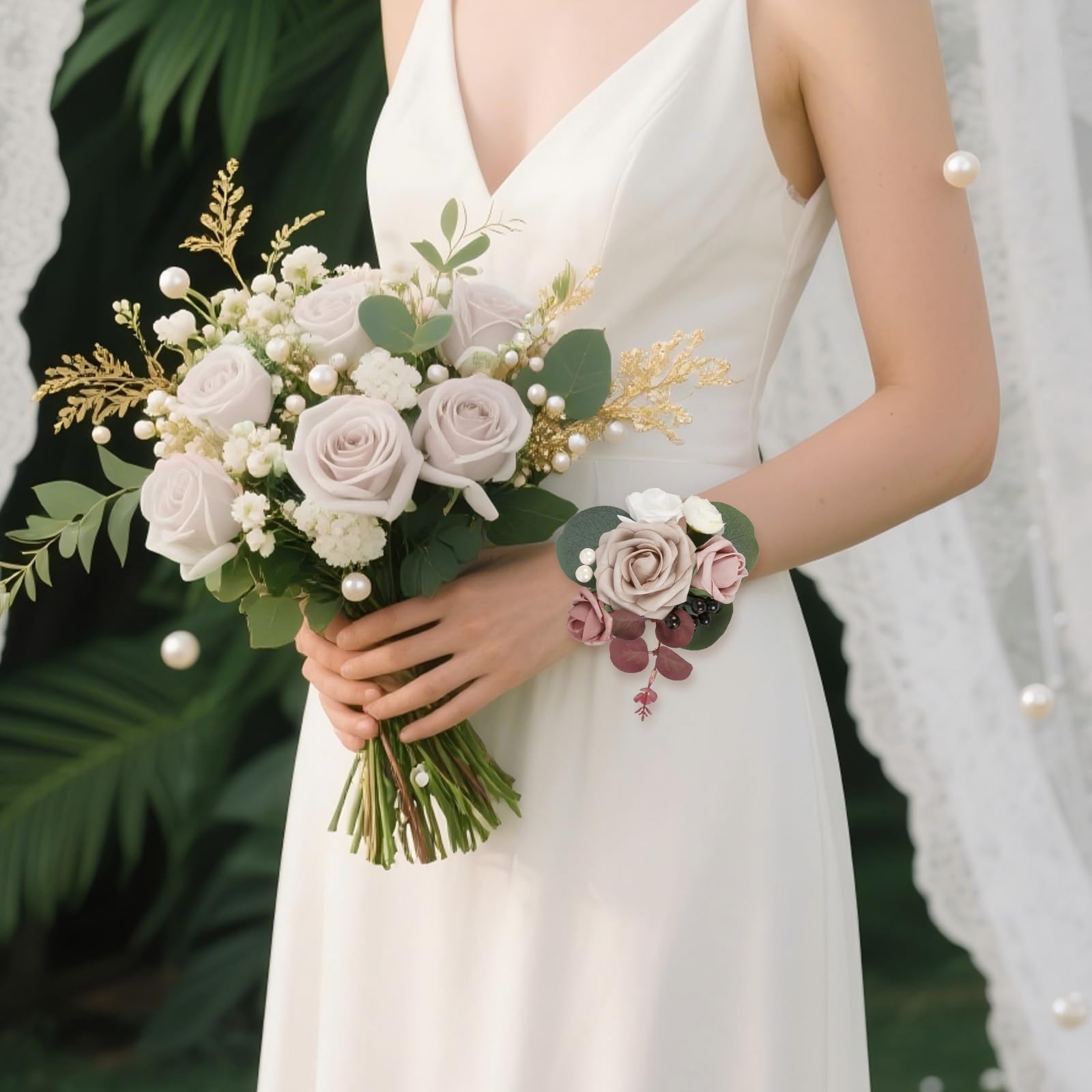 2 PCS Dusty Pink Rose Wedding Corsage Boutonniere Set Wristlet Prom Decor