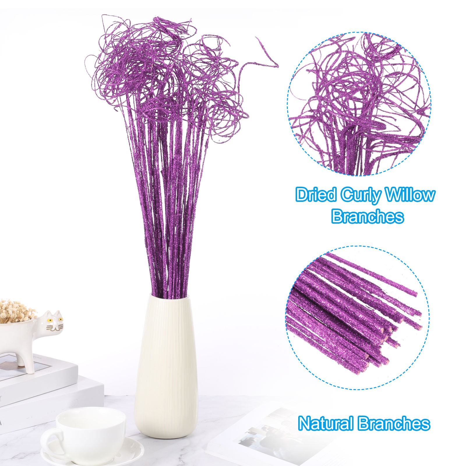 30 Pcs Glitter Dried Curly Willow Branches Natural Branches Twigs, Purple