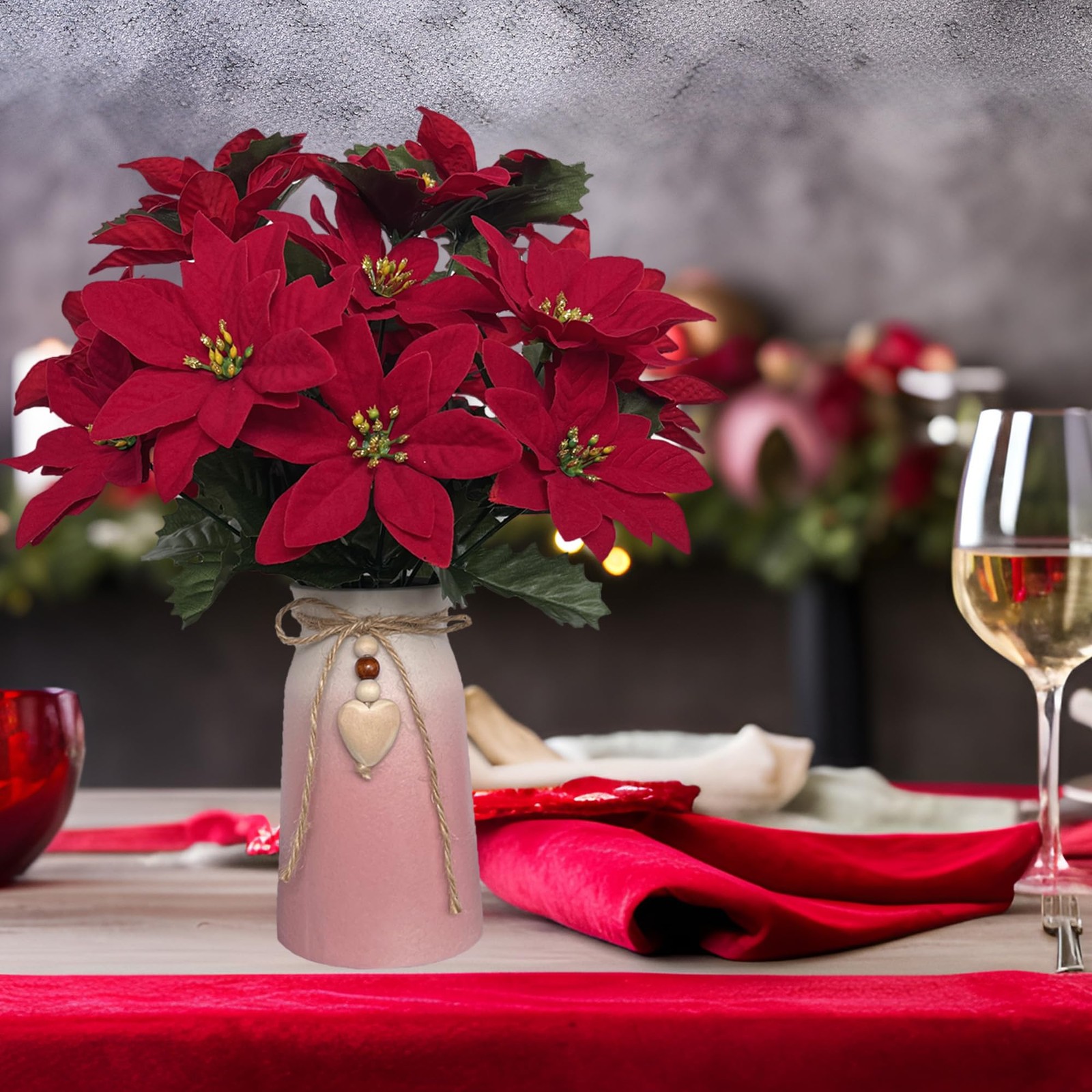 Red Artificial Poinsettia Faux Christmas Flower Arrangement Pink Vase Decor
