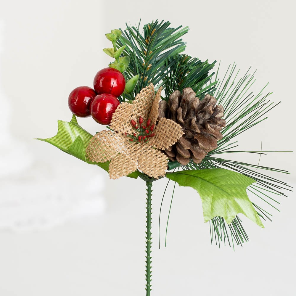 Pack of 6 Burlap Poinsettia, Pinecone and Berry 8-1/2″ Floral Picks