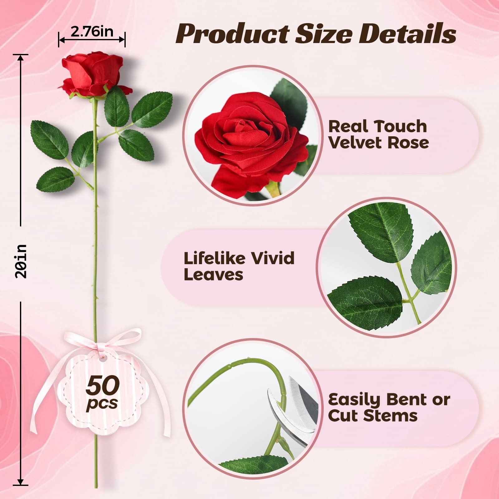 50 Pcs Fake Roses Red Artificial Flowers Bulk, Faux Velvet Silk Rose Bouquet …