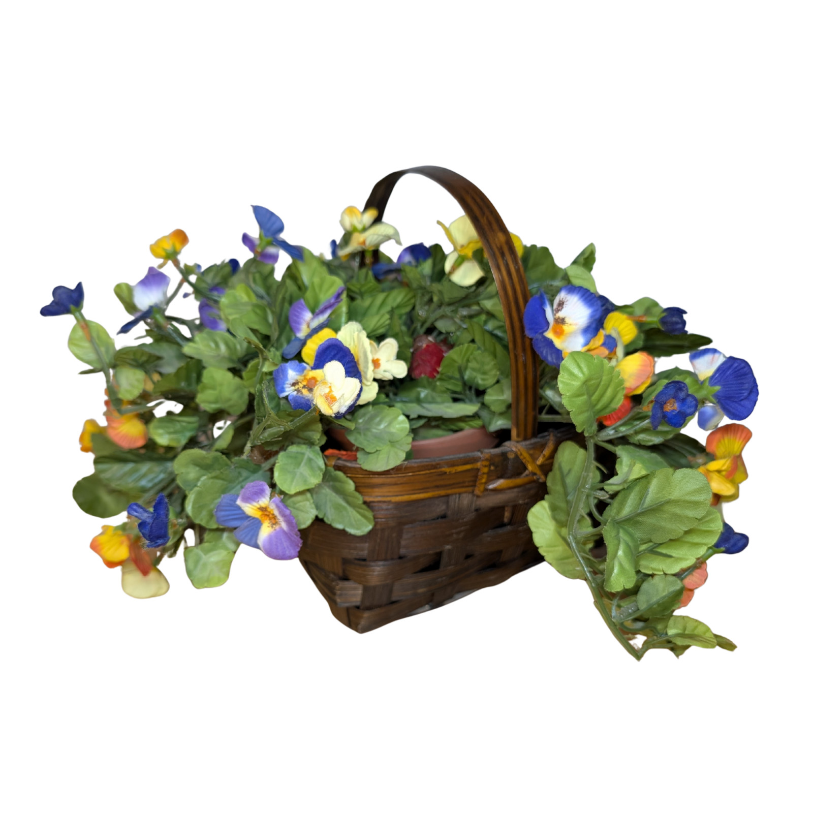 Vintage Cottage Woven Wood Basket with Silk Flowers & Bird Decor