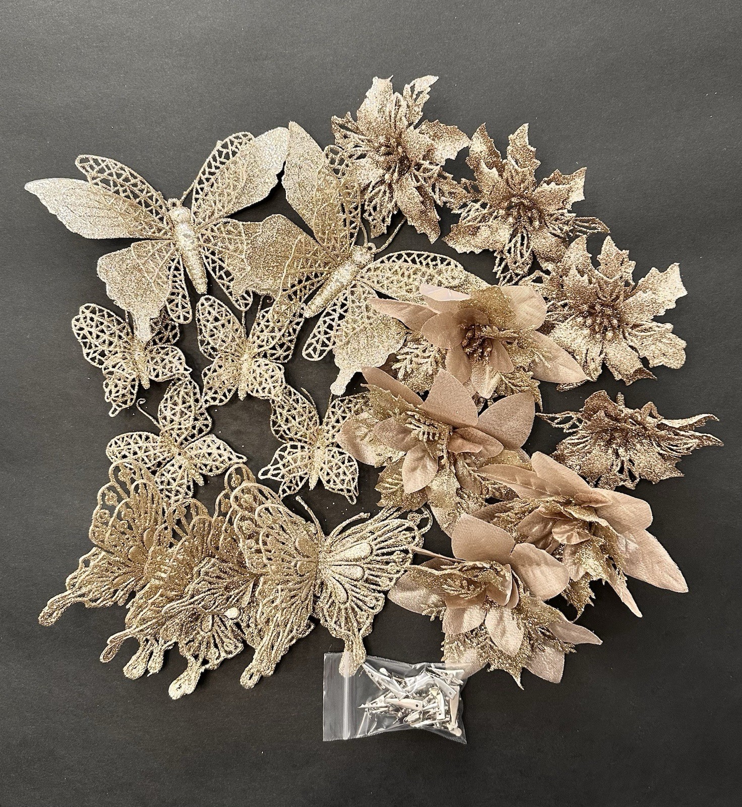 18 Champagne Tinted Glitter Christmas Accents Poinsettias Butterflies & Clips