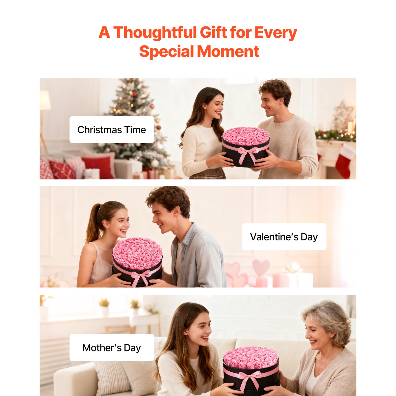 Uimoso 50 Preserved Roses in Round Box – Eternal Bouquet in Soft Pink