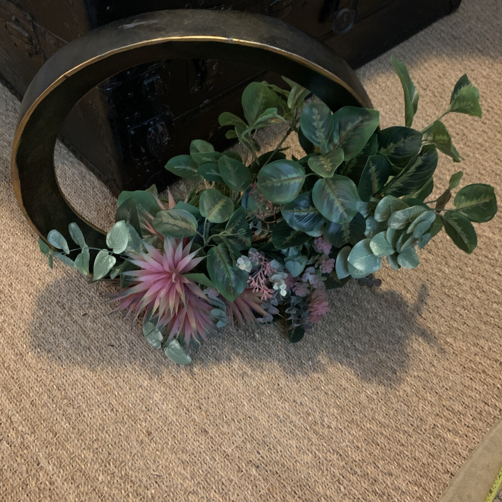 Unique Handcrafted Table Top Faux Floral Arrangement In Circular Decor Base
