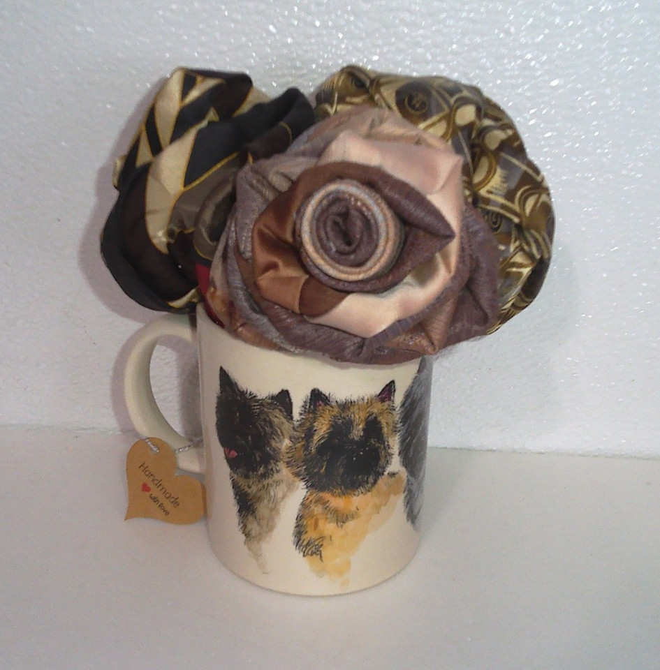 Handmade Tie Rose Bouquet in Vintage Terrier Mug Dog Lover Decor