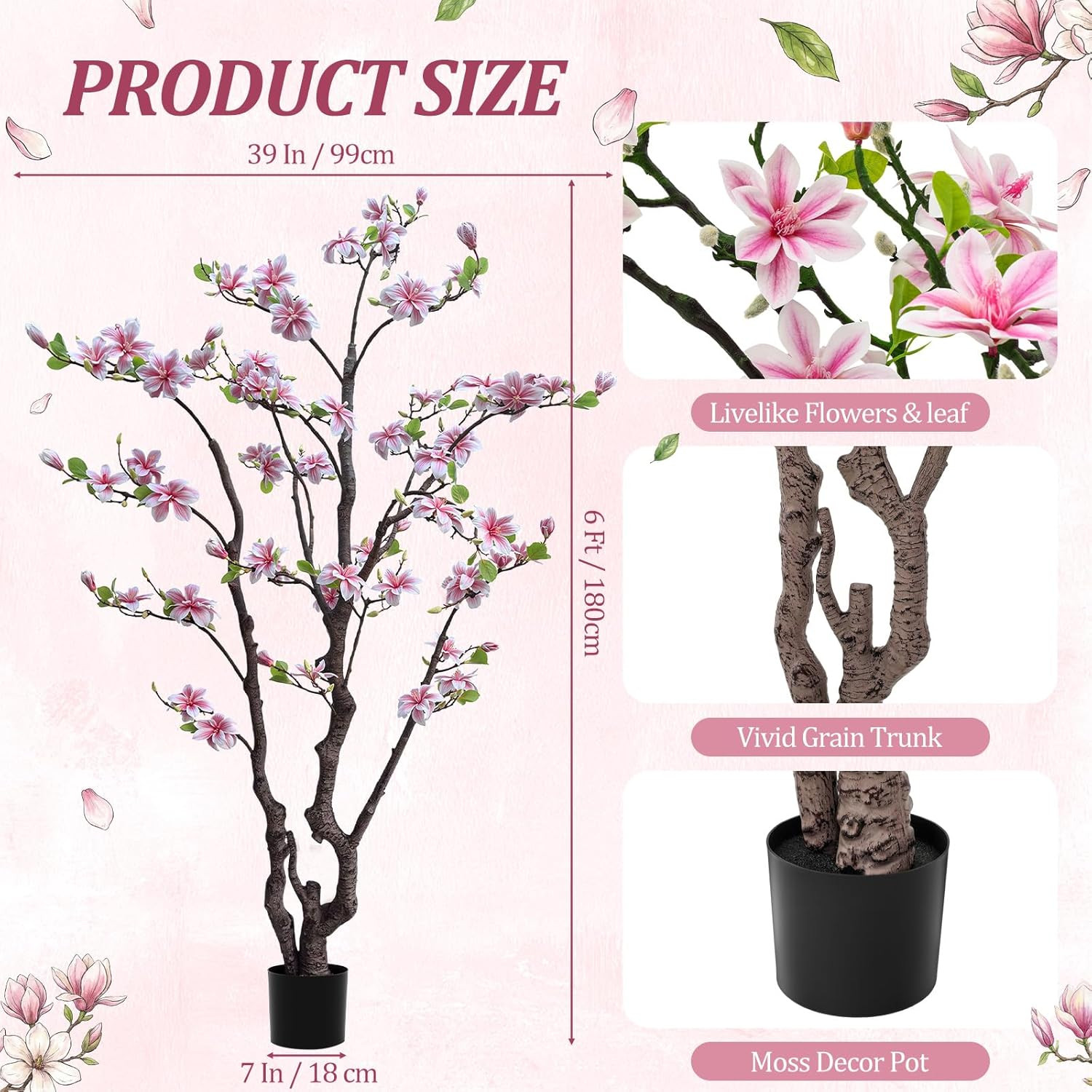 6Ft Pink Artificial Magnolia Tree – Realistic Faux Flower Plant for Home & Garde