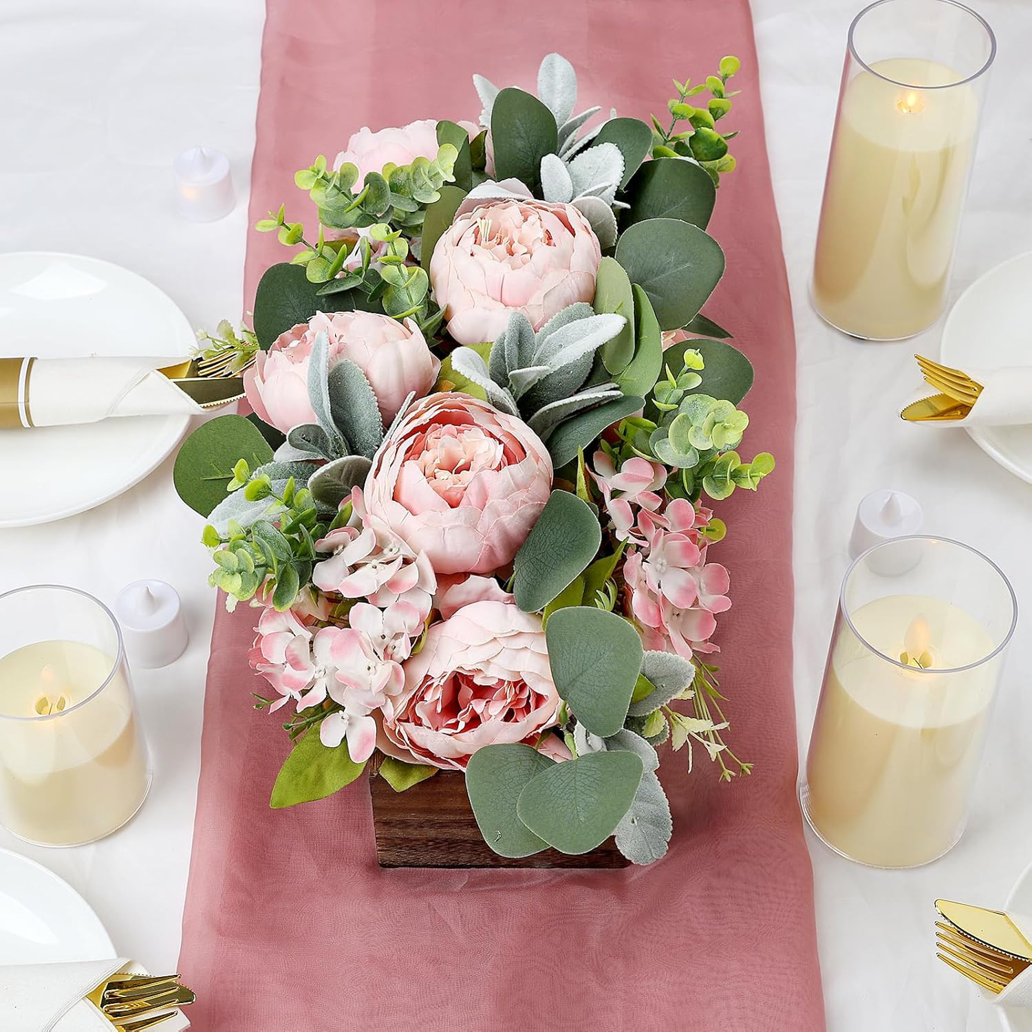 Pink Floral Centerpieces for Table, Pre-Made Artificial Peonies Hydrangea Center