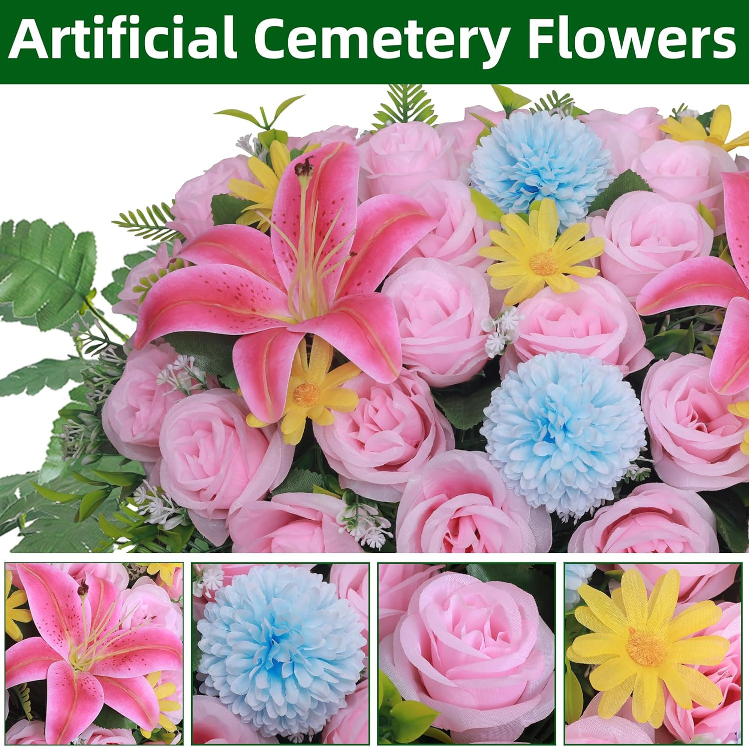 Artificial Cemetery Flower Saddles,Headstone Saddles for Graves,Lily Rose Flo…