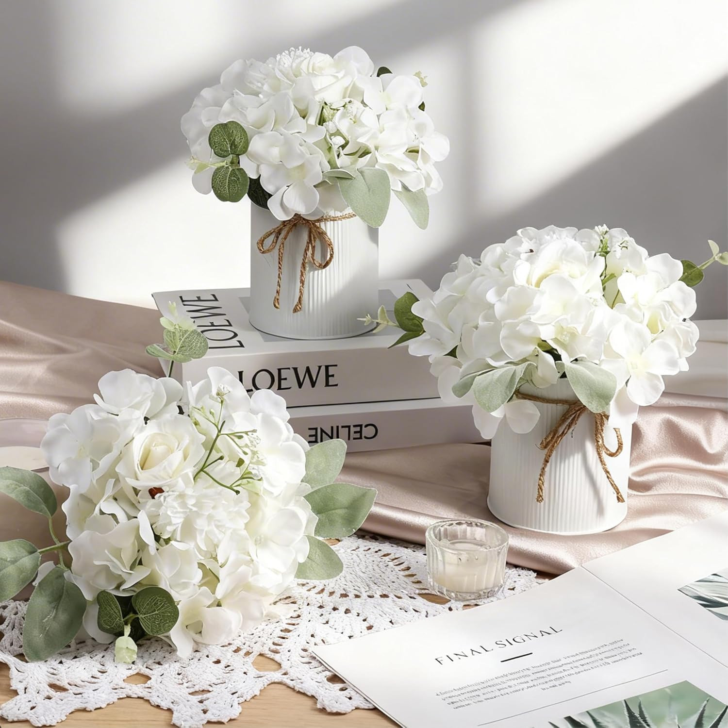 10PCS Hydrangea & Rose Centerpieces with Metal Vases for Weddings & Events