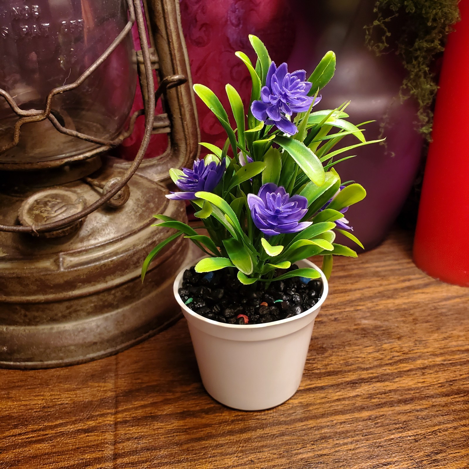 Potted Artificial Mini Purple Lotus Bonsai Plant Faux Desk Decor W/ Rocks 7″ USA