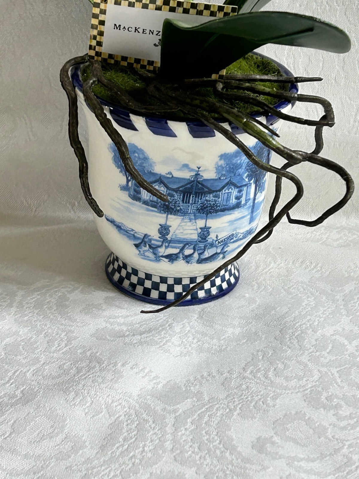 Mackenzie Childs ROYAL TOILE Medium POTTED ORCHID Blue/White Ceramic 17″ T NEW