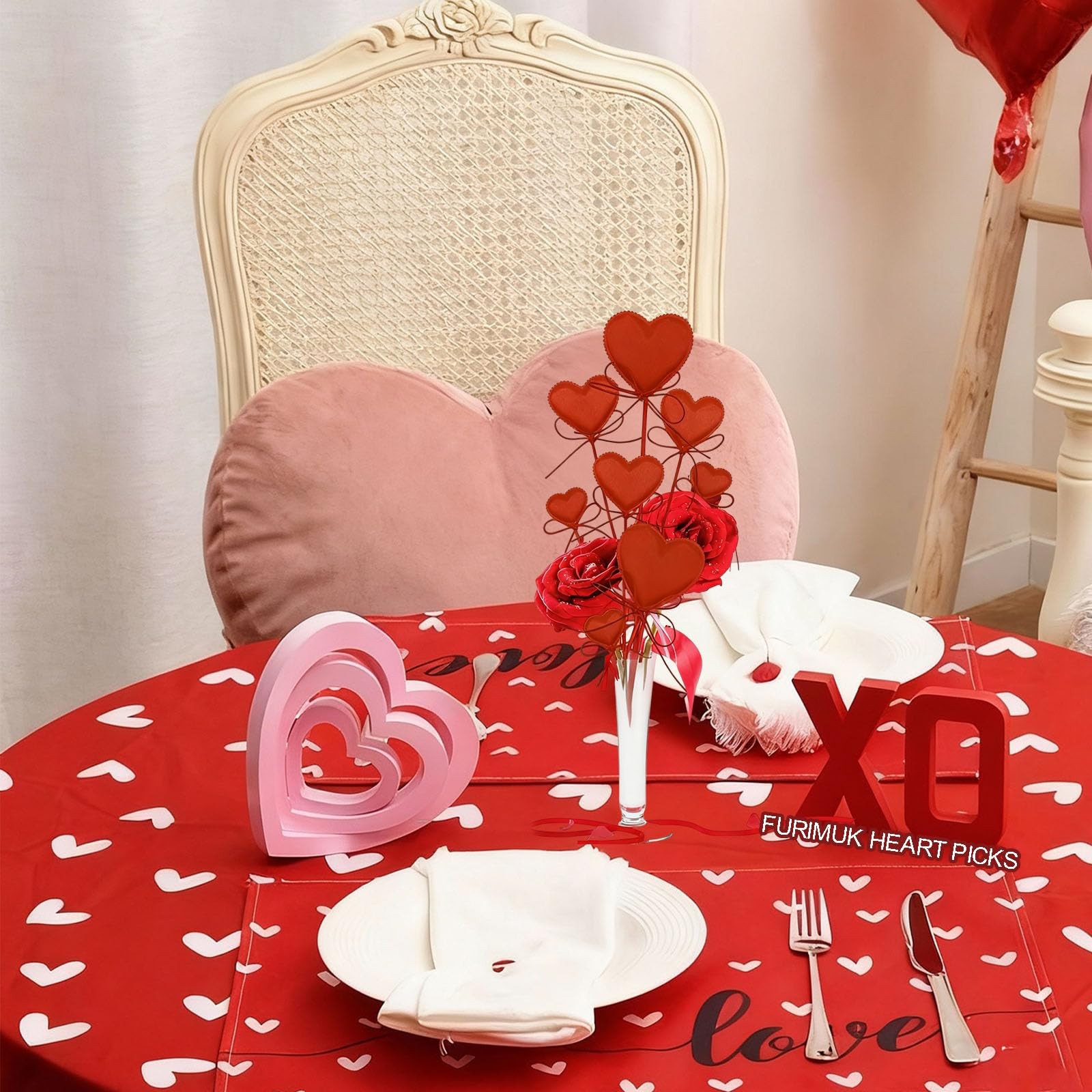 Valentine’s Day Red Heart Picks Puffy Floral Sticks Heart on Sticks for Weddi…