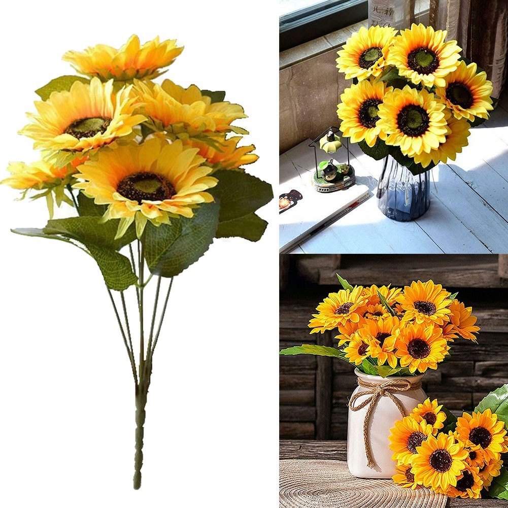 7 Heads Artificial Sunflowers Fake Flower Bouquet Garden Wedding Party Decor New