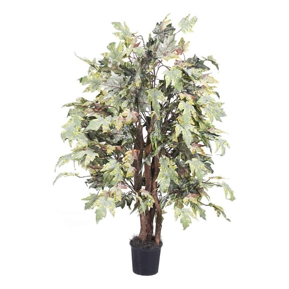 Vickerman 4′ Artificial Frosted Maple Bush with Black Pot in Green/Brown