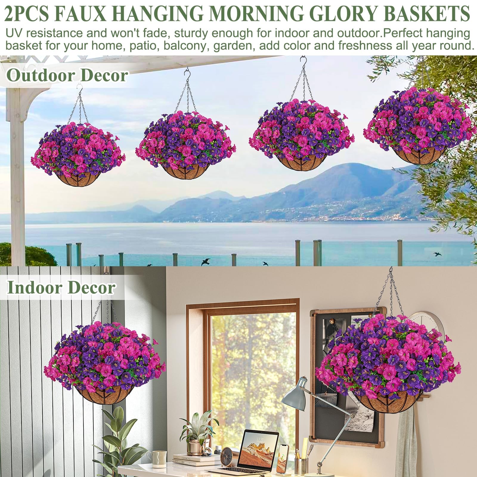 KHOYIME Artificial Hanging Flowers Plants Basket for Outdoors Indoor, 2 Set F…