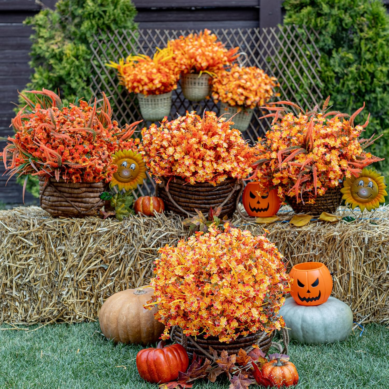 12 Bundles Artificial Fall Mums UV Resistant Fake Plant Porch Patio Decor Orange