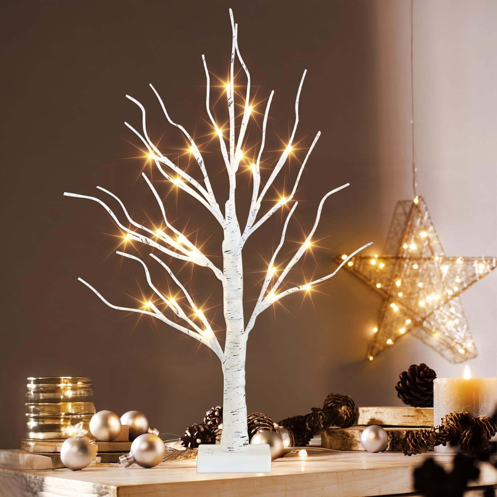PEIDUO Artificial Tree for Christmas Decorations, 2FT Birch Tree with LED Lig…