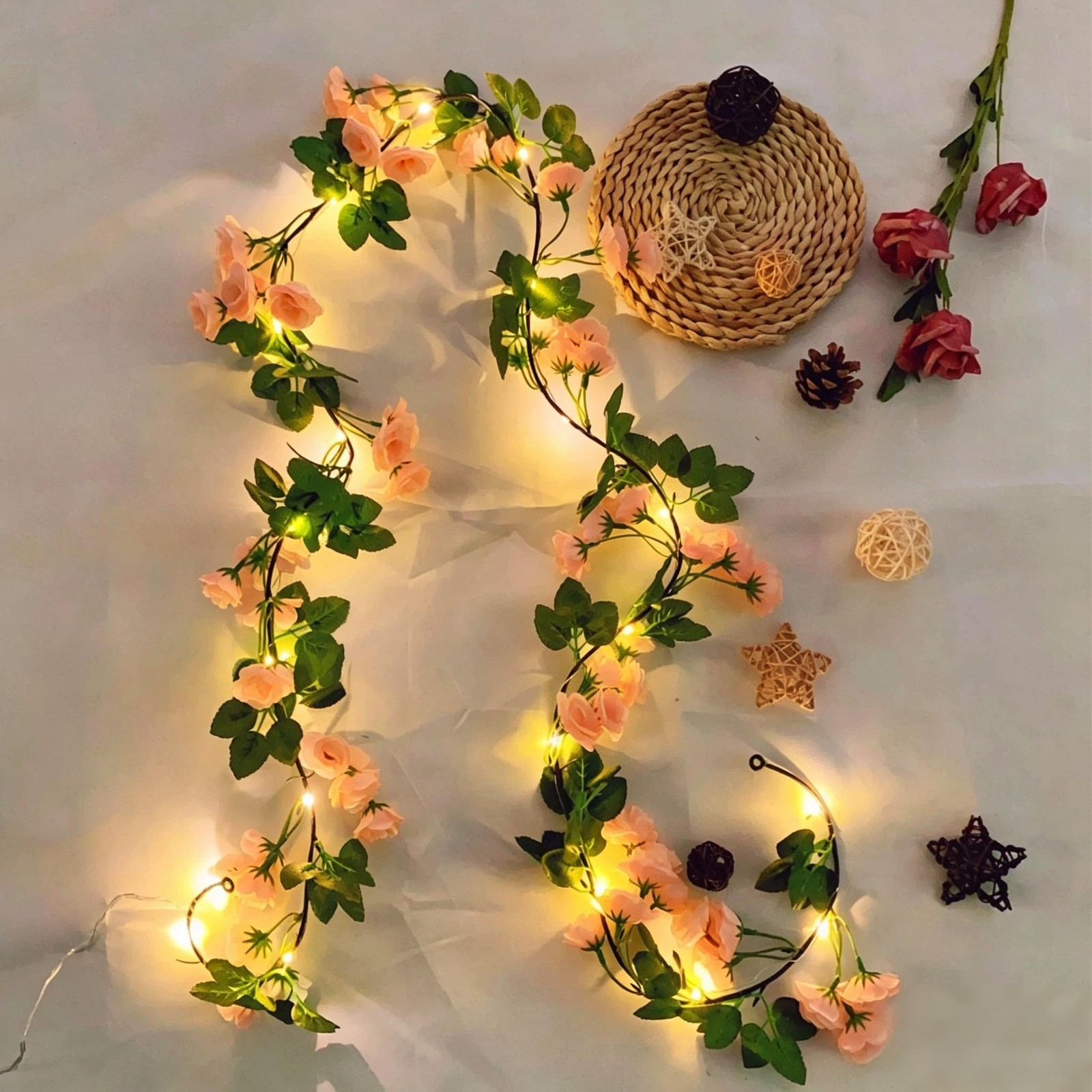 Artificial Flower Garland with 20 LED String Lights, 6FT Hanging Rose Flower …