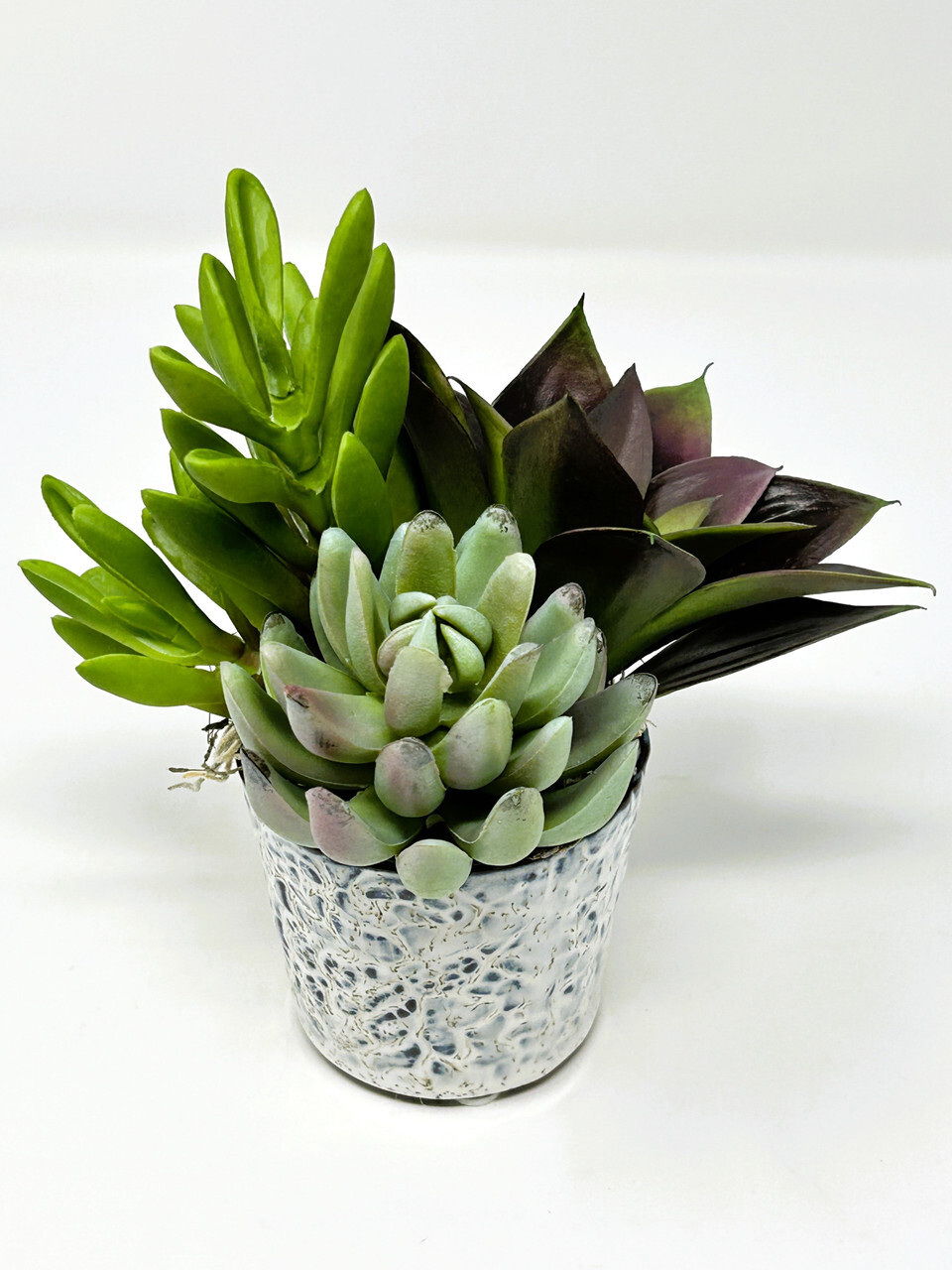 Mini 6″ Artificial Purple & Green mixed Succulent Garden #13, Blue Stone Ceramic