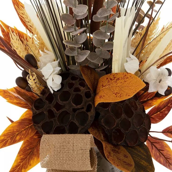 NWT Autumn Fall Floral Arrangement-Cattails & Lotus Pods-Silver Milk Can-18.75″T
