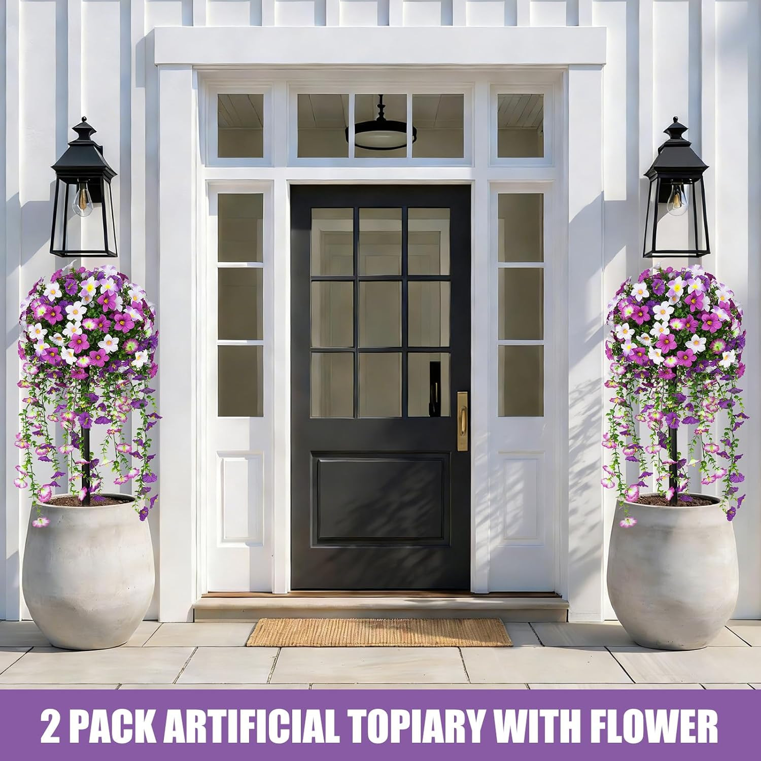 Artificial Topiary Ball Trees with Purple Morning Glory Flowers, 3FT Artificial