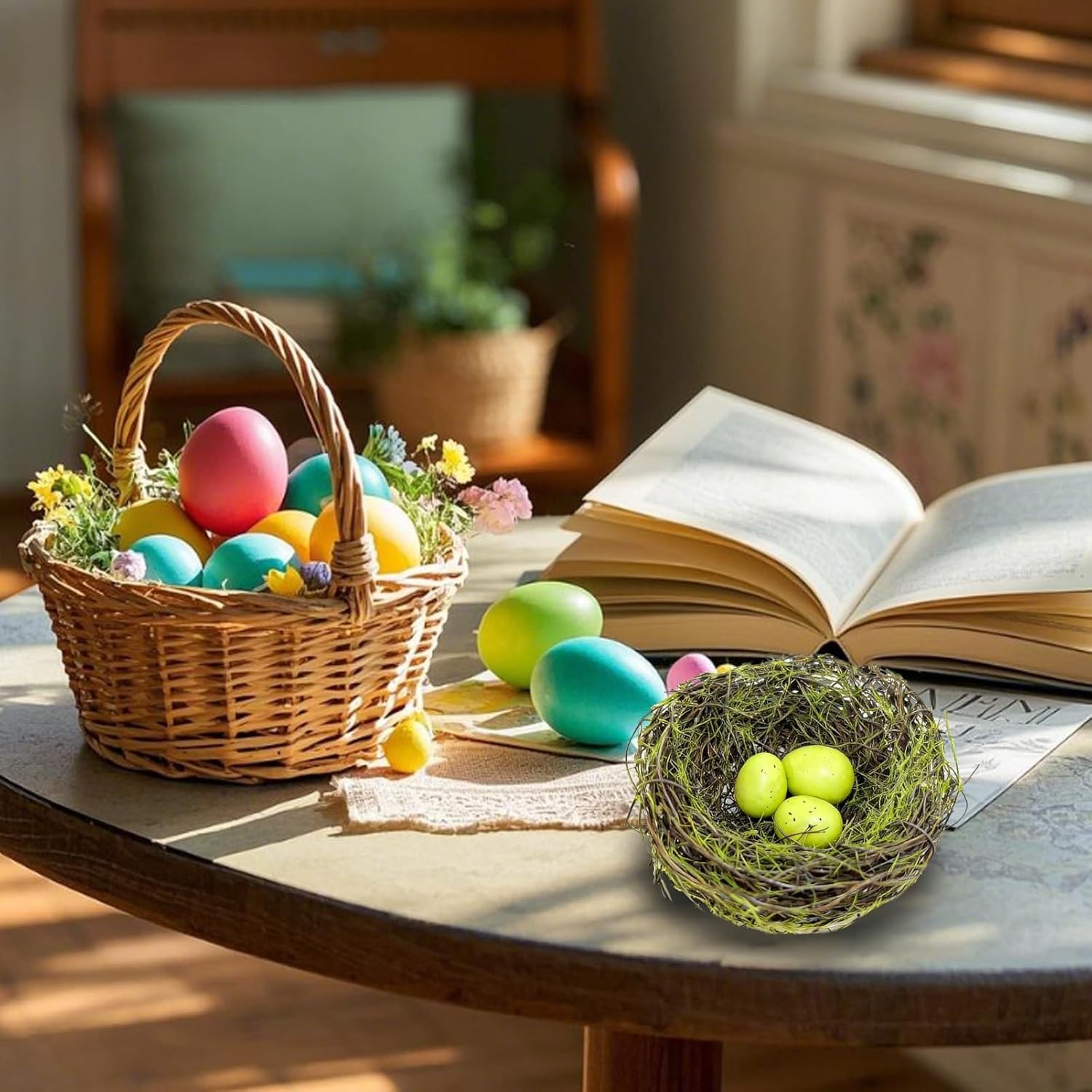 Small Faux Bird Nest with Eggs Artificial Rattan Nest for Easter Crafts & Decor
