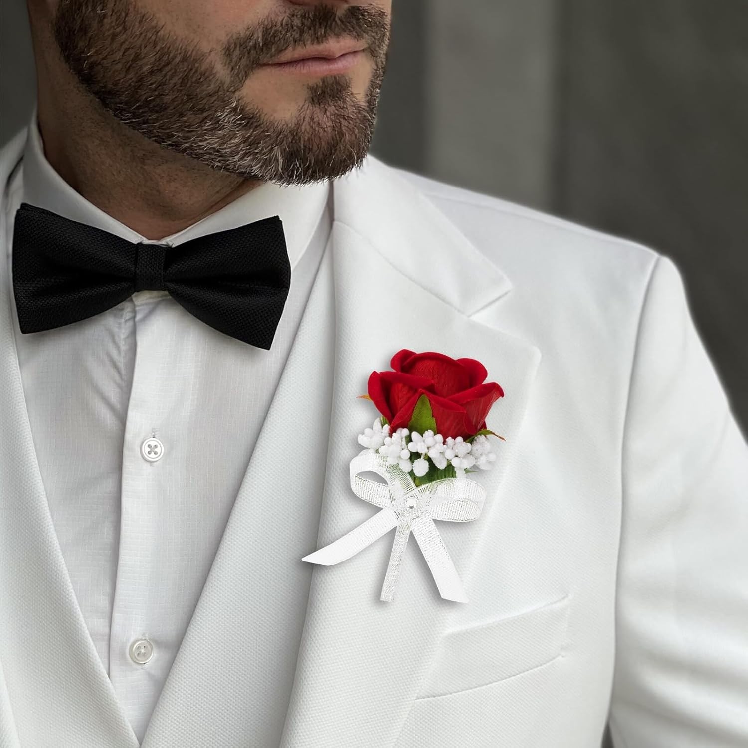 Red Rose Boutonniere Set of 2 Artificial Flowers Wedding Prom Party