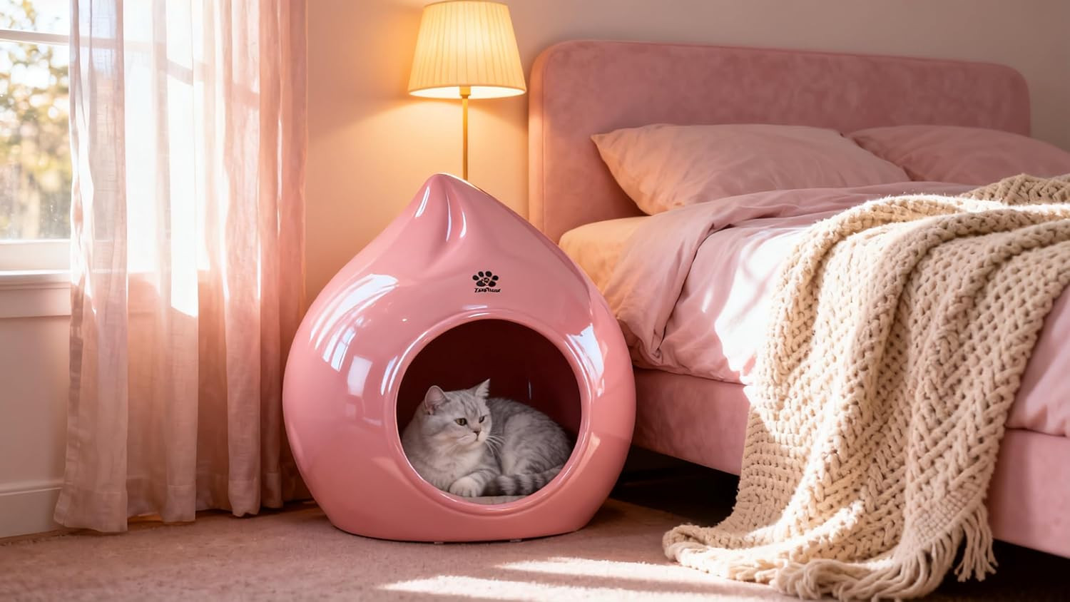 Chic Peach-Shaped Eco-Resin Pet Bed – Space-Saving Pink Decor