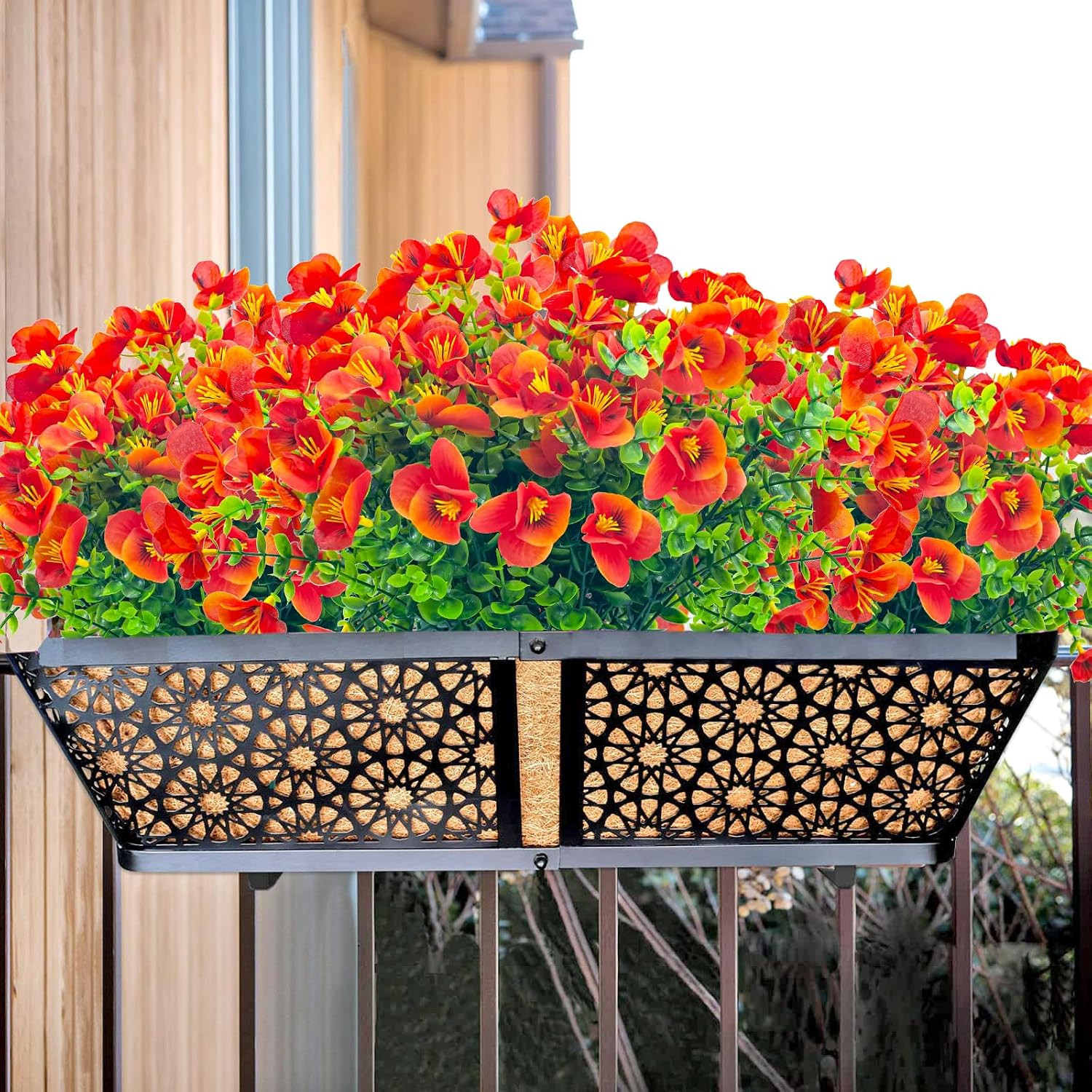 UV Resistant Faux Outdoor Flowers – 20 Bundles of Orange Red Shrubs