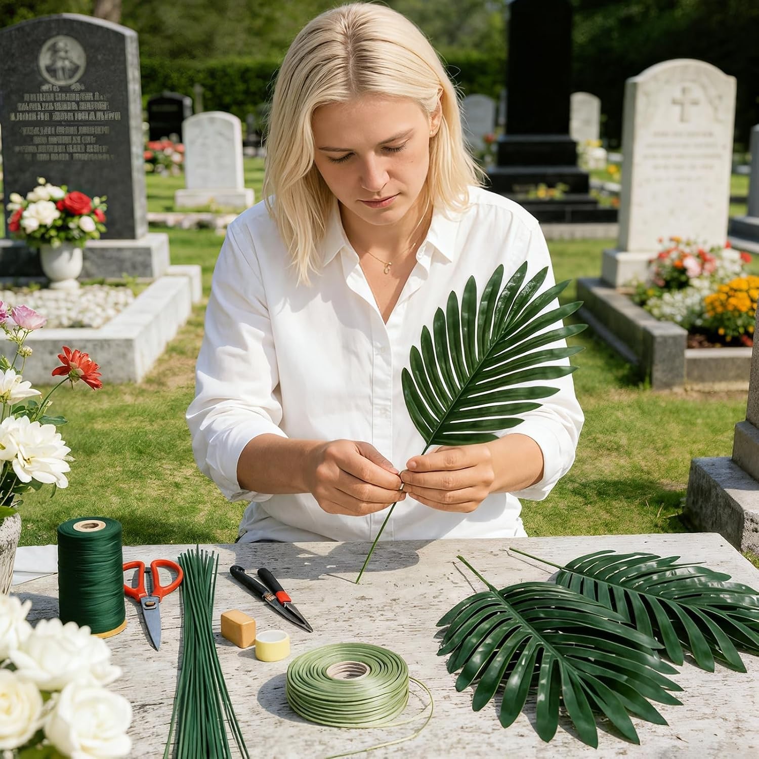 Versatile 48 PCS Faux Palm Leaves for DIY Grave Arrangements and Celebrations