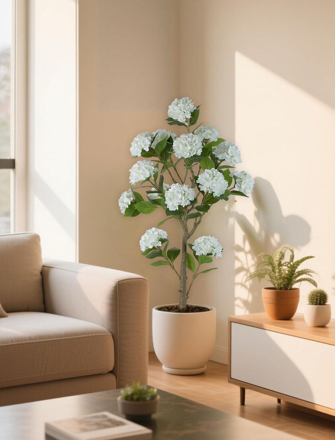 5Ft White Hydrangea Artificial Tree – Realistic Silk Plant Decor
