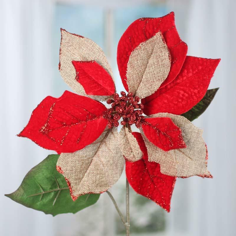 Lot of 2 Sparkling Artificial Burlap and Velveteen Poinsettia 22″ Floral Stem
