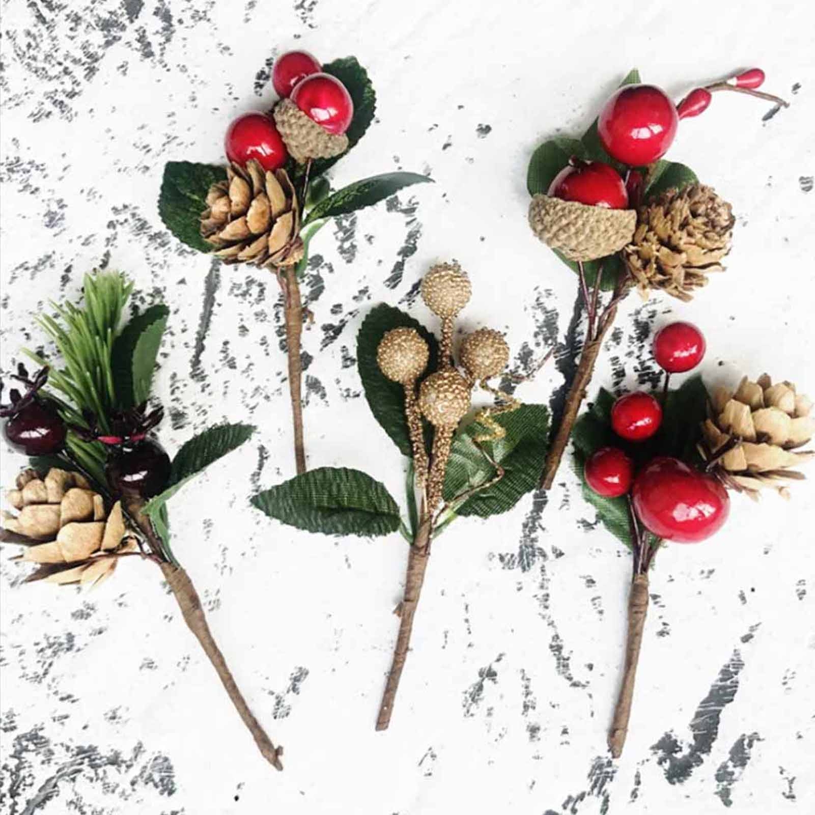 Artificial Flowers Red Berries Pine Cones for Gift Package Wedding Party