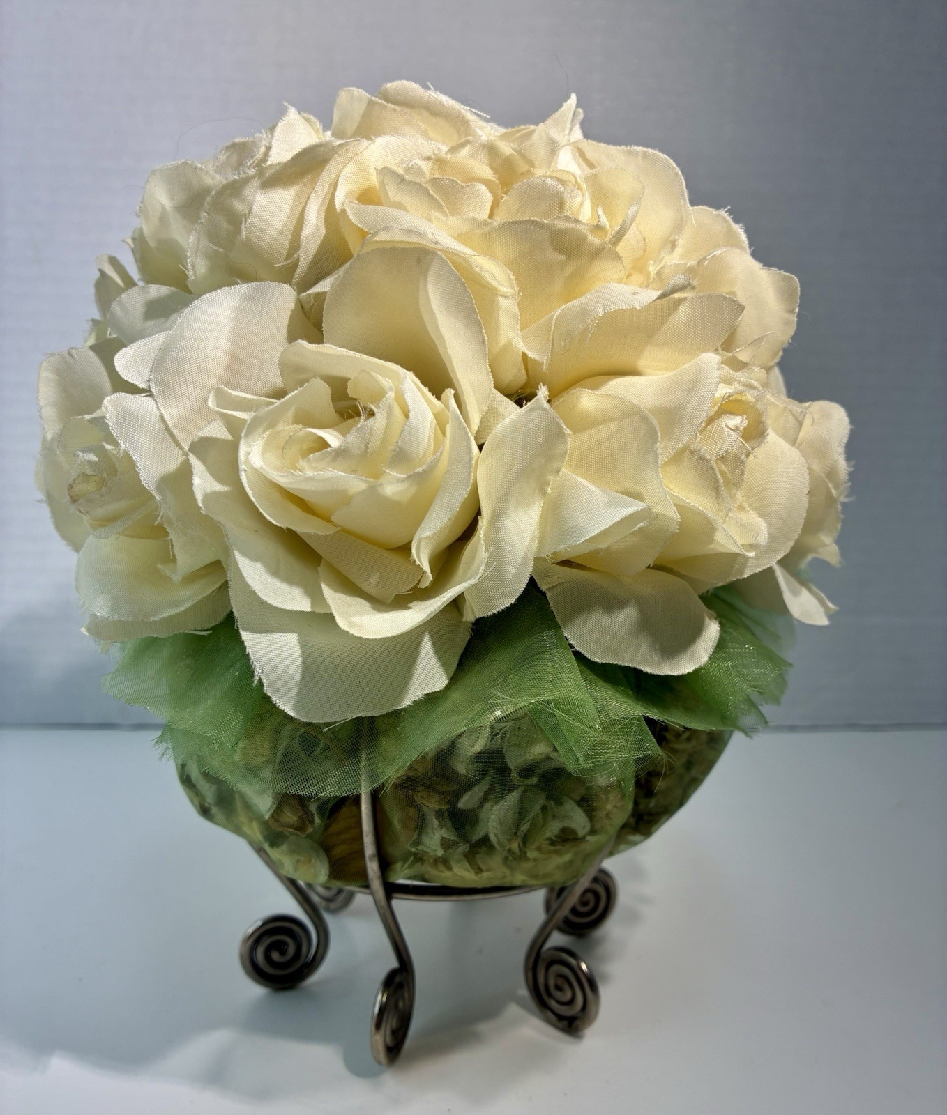 Vintage Shabby Chic Cream Fabric Rose Potpourri Topiary with Scroll Wire Stand