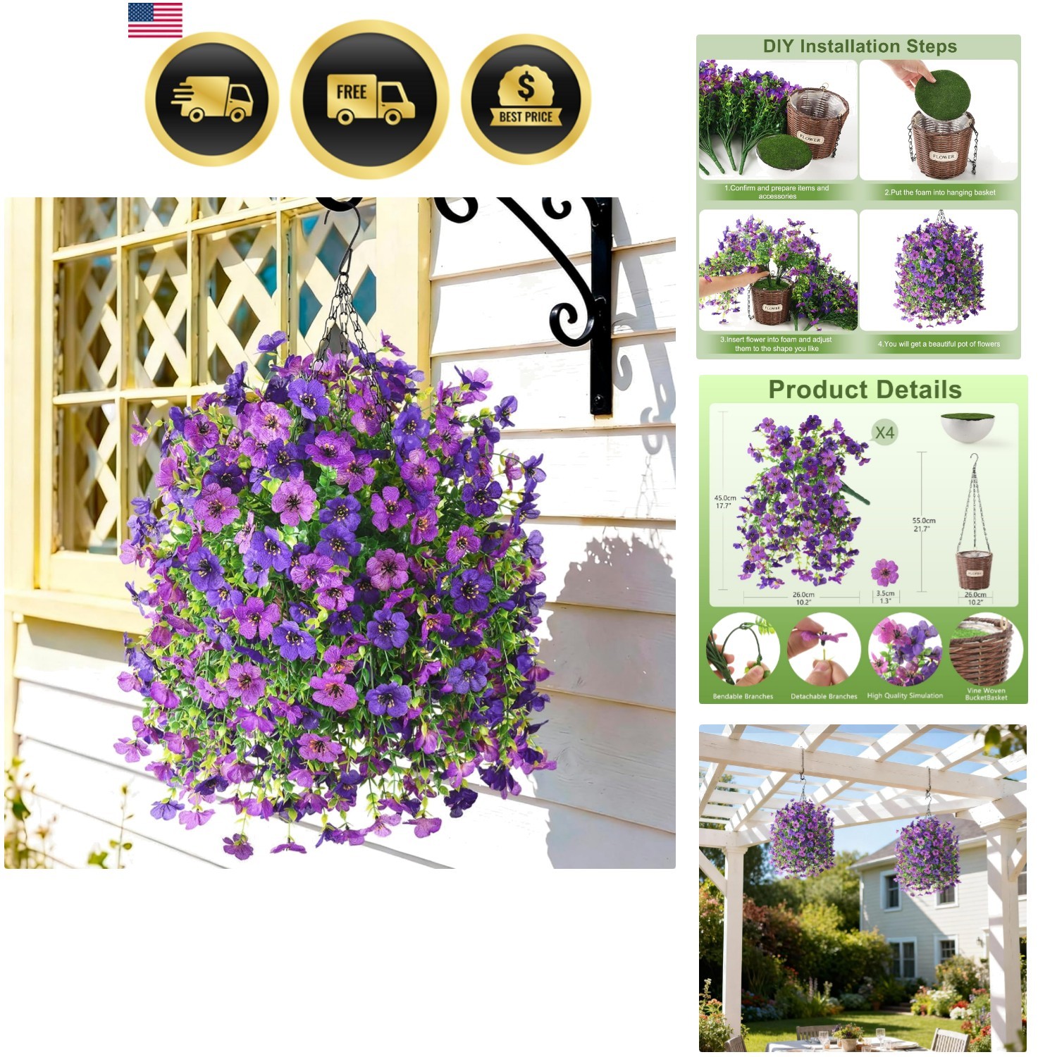 Artificial Flowers Hanging Baskets Outdoor Fake Flowers Plants for Porch Patio