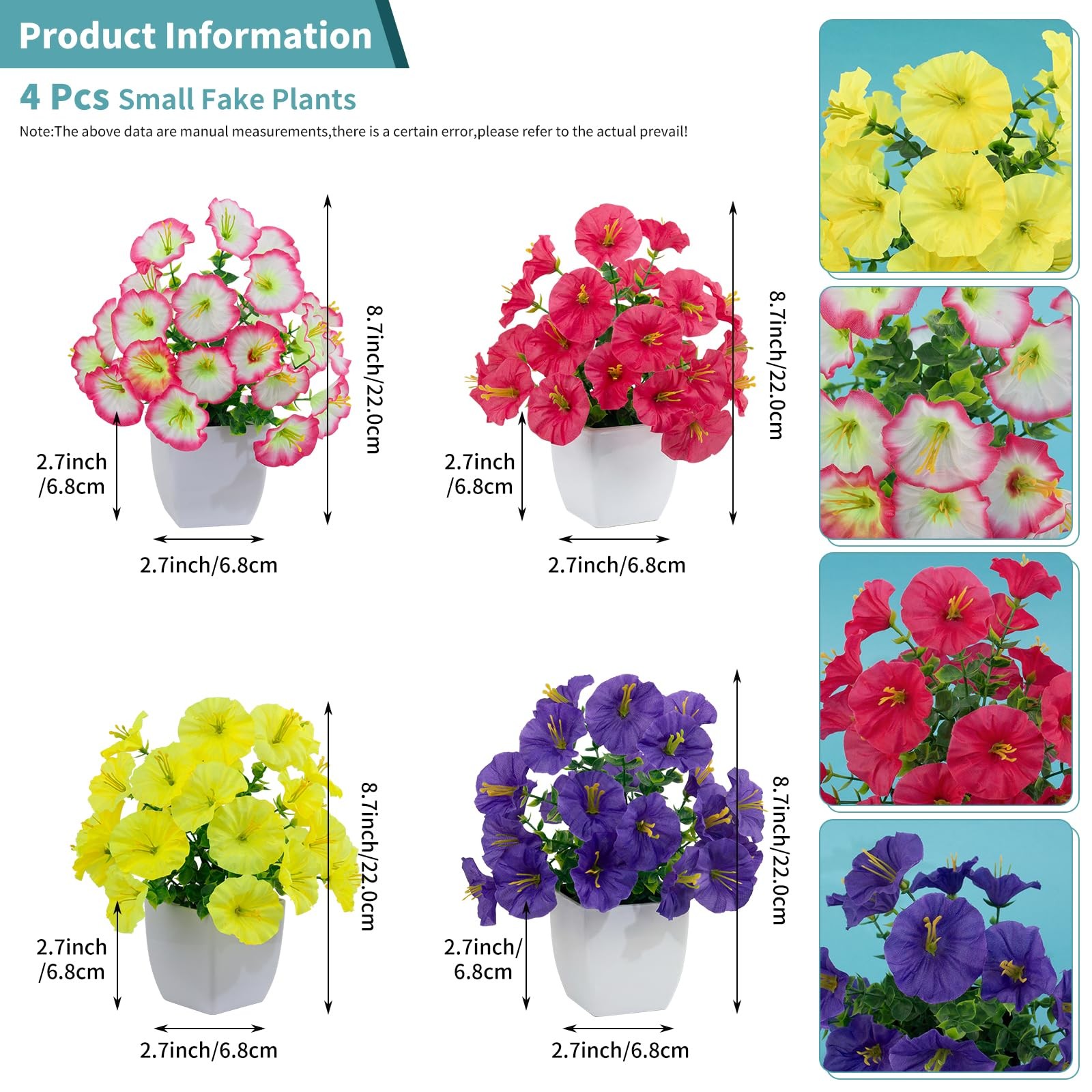 4 PCS Small Colorful Artificial Flowers White Pots Fake Mini Potted Plants