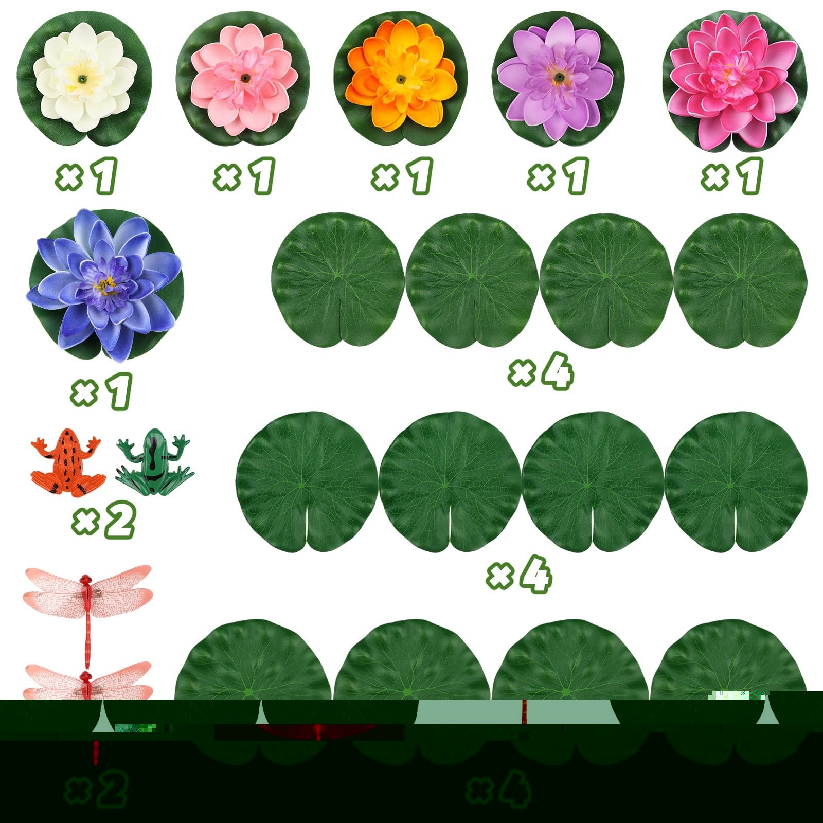 22 Pack Floating Foam Lotus Flowers & Frog – Colorful Lily Pads for Pond, Pool D