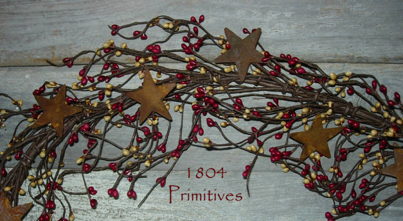 Lighted 40″ Pip Berry Garland ~ BURGUNDY and ANTIQUE GOLD with 2″ Rusty Stars