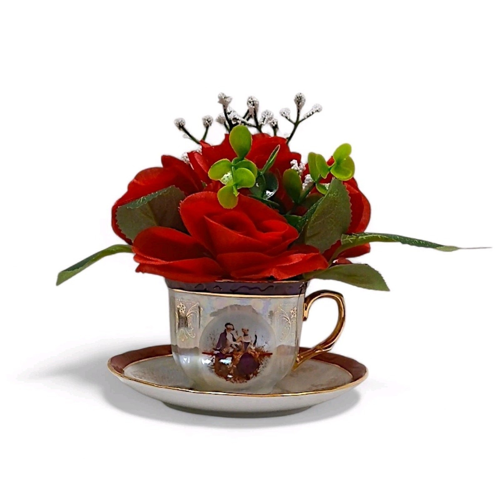 Silk Floral Arrangement Red Roses Leafy Tea Party Cup POP-IN Love Romantic Gift