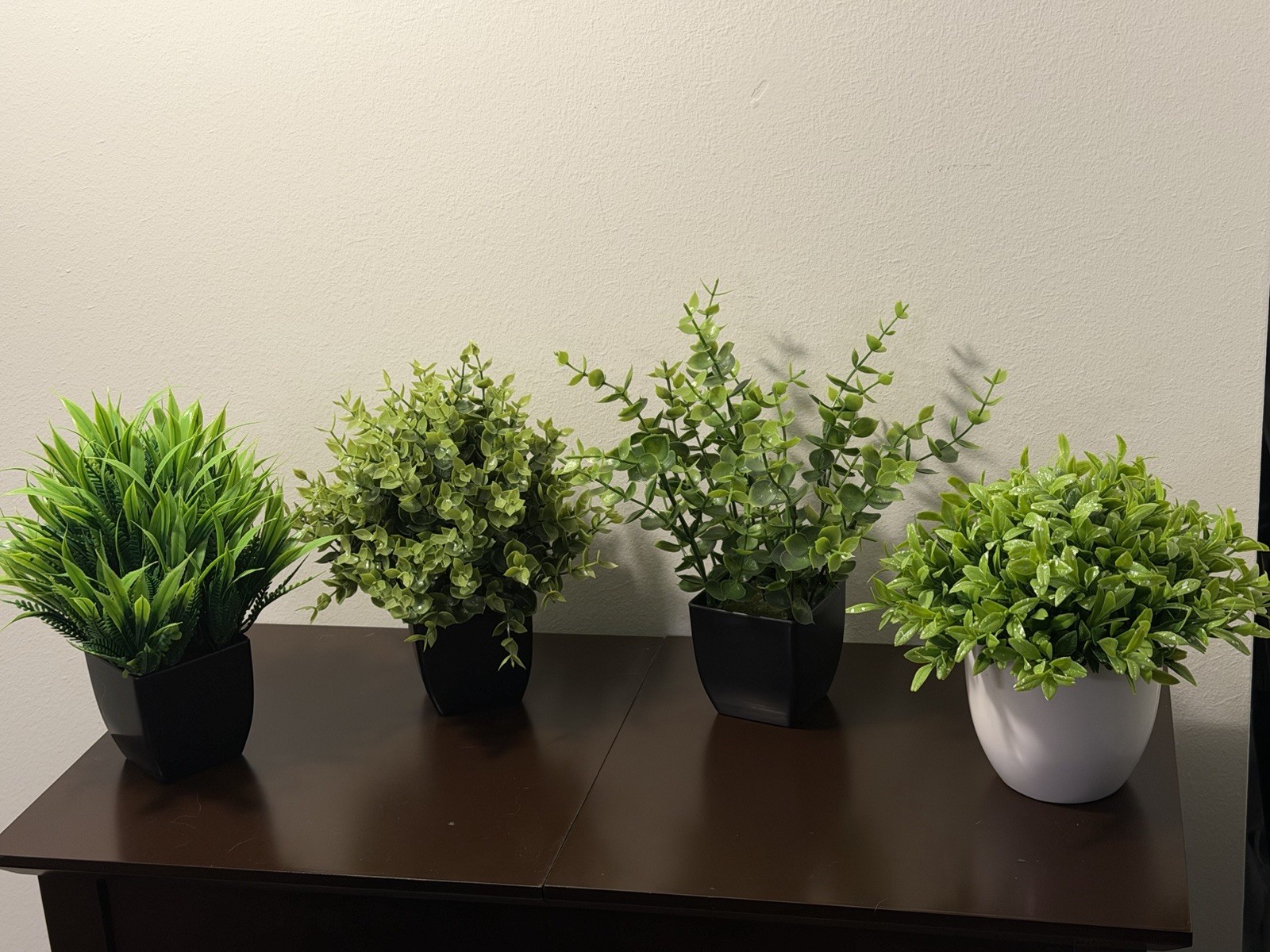 4 Pack Plants Small Faux Artificial Plastic Pots Indoor 3 Black 1 White Pot