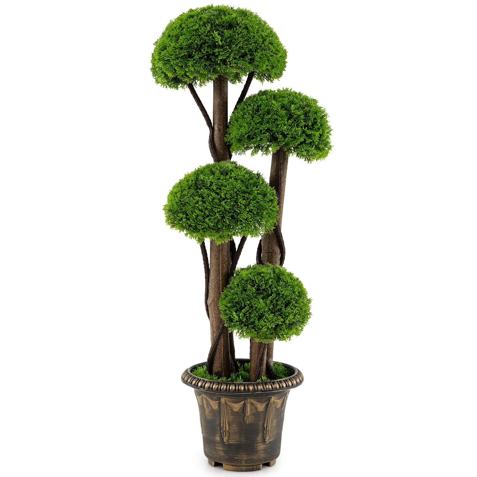 2PCS Artificial Cypress Topiary Ball Tree w/Retro Cement-filled Planter, Vines