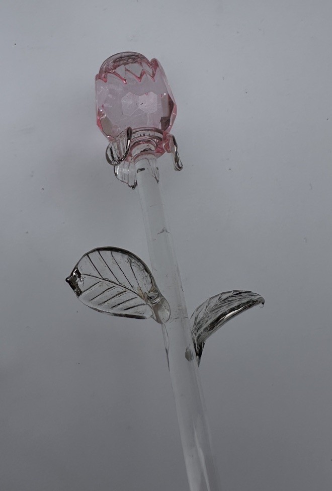 9” Pink Crystal Glass Rose Figurine Closed Bud Long Stem Flower Sculpture