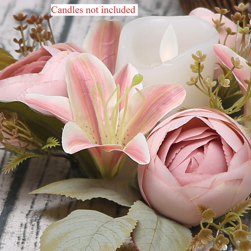 2 Pcs Artificial Flower Candle Ring Wreath for Pillar Candle Table Centerpiece
