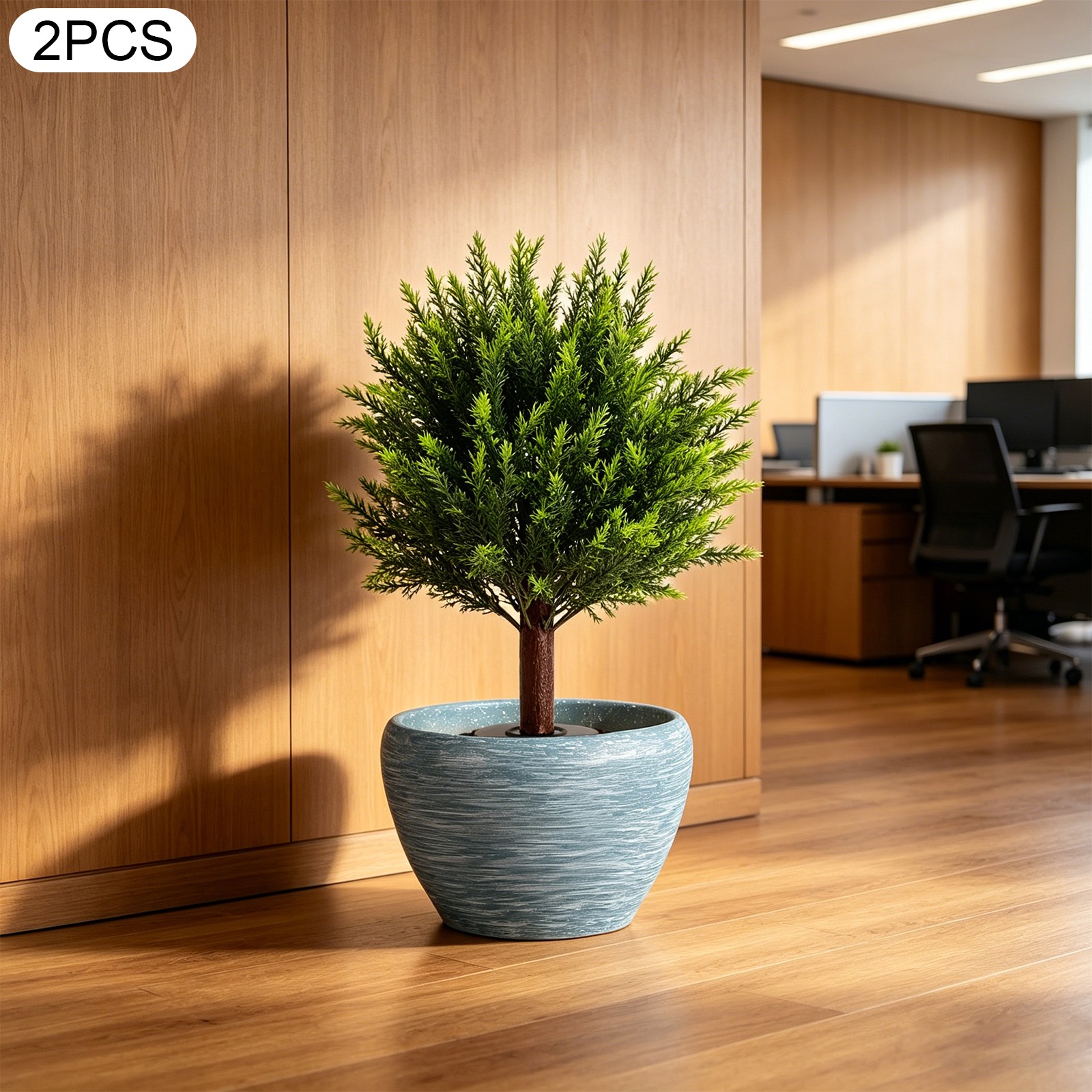 2 pcs 19x16x26.5in Faux Evergreen Trees Shrubs Artificial Plants w/ Ground Spike