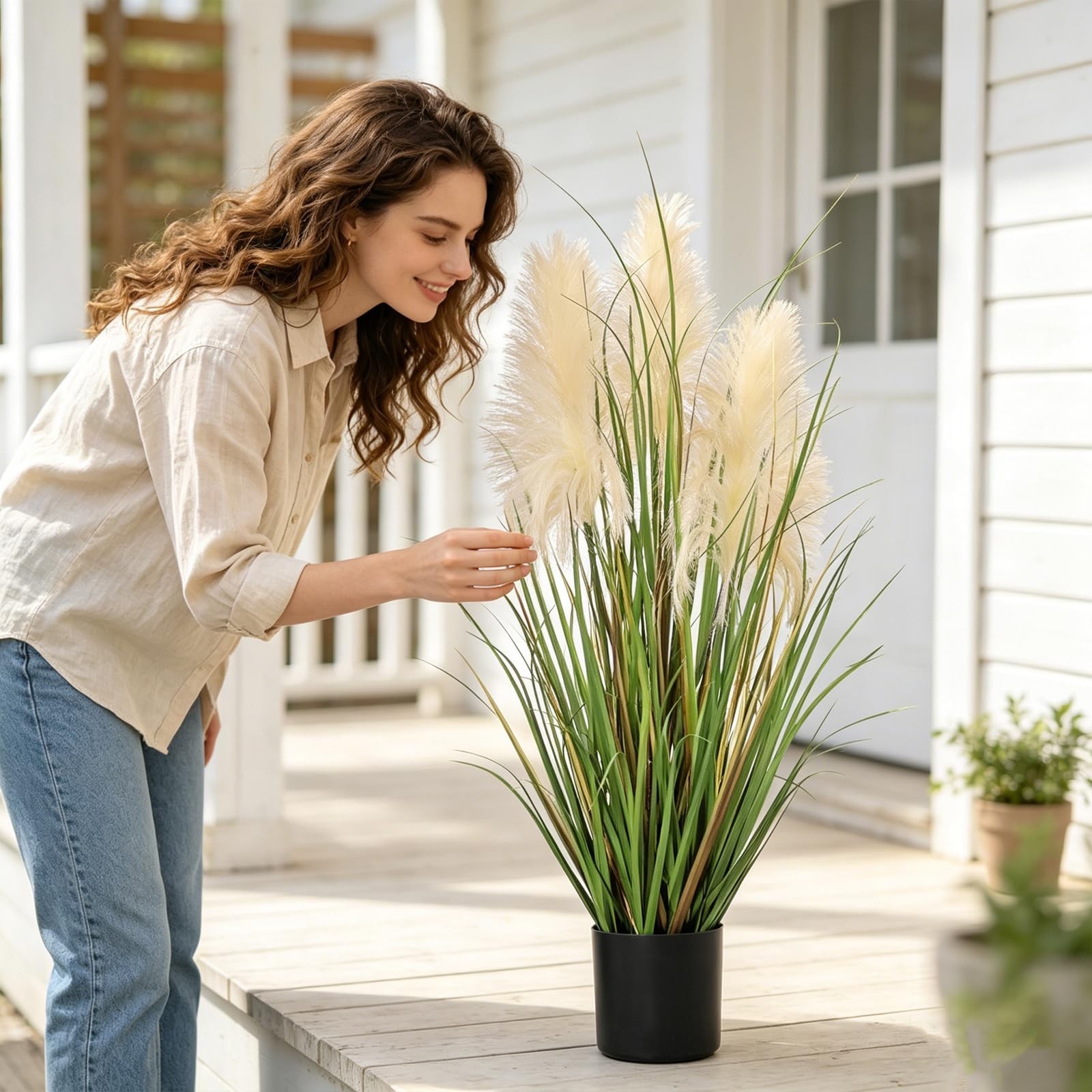 3ft Artificial Pampas Cattail Reed Grass Potted,35in Boho Fake Onion Grass Pl…